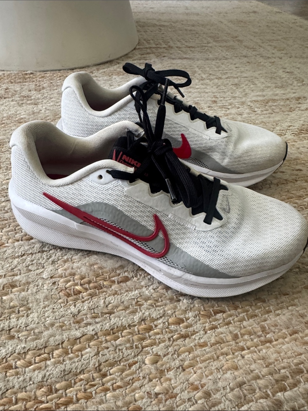 Nike White Sneakers with Red Swoosh and Black Laces
